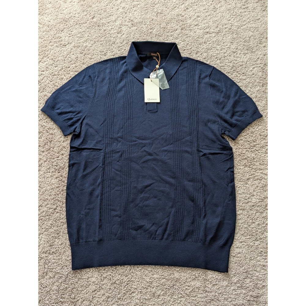 Quince Cotton-Silk Ribbed Short Sleeve Sweater Polo Navy Blue Mens Medium NWT